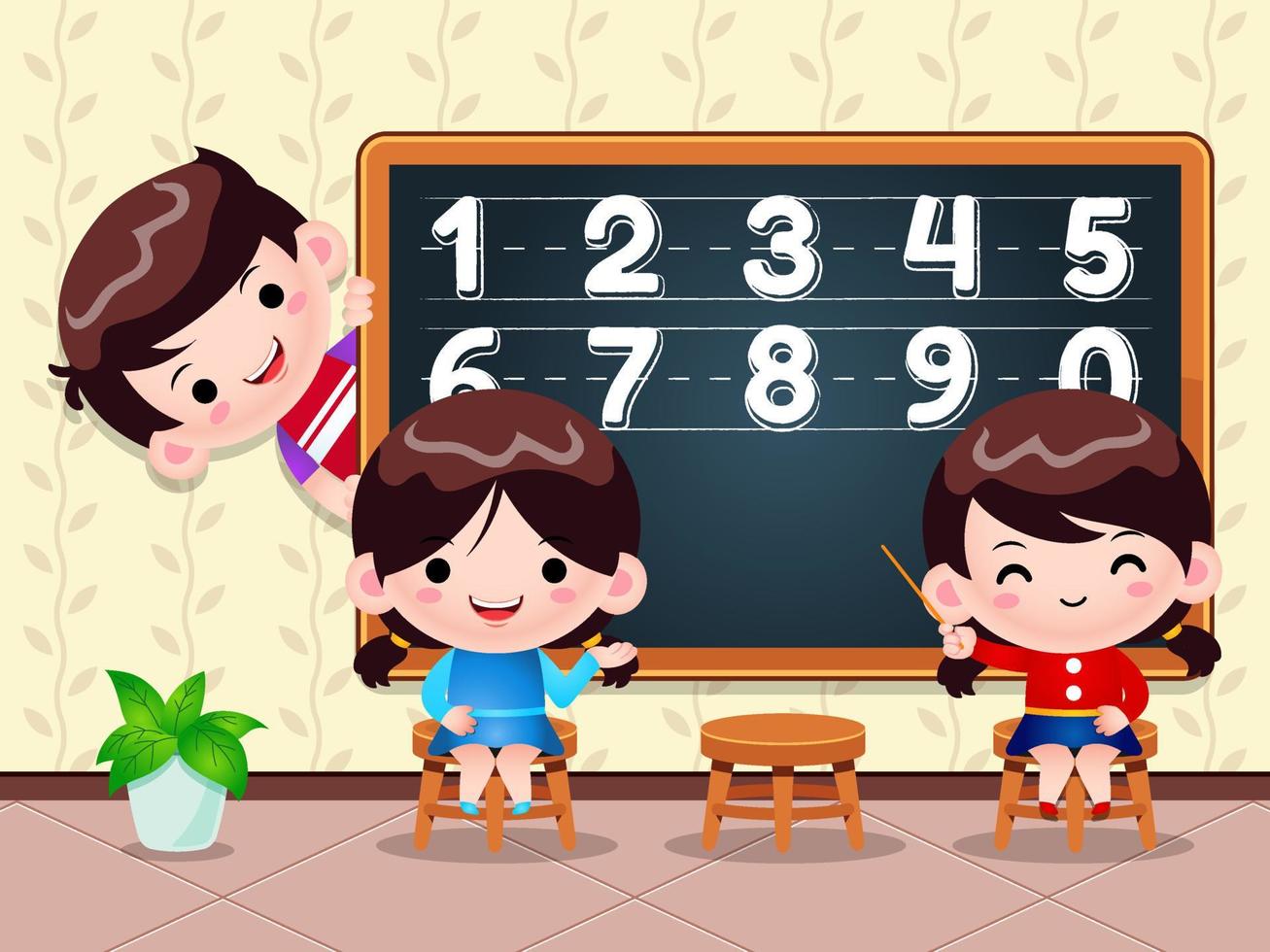 ilustração vetorial crianças ensinando e aprendendo o número na frente do quadro de giz vetor
