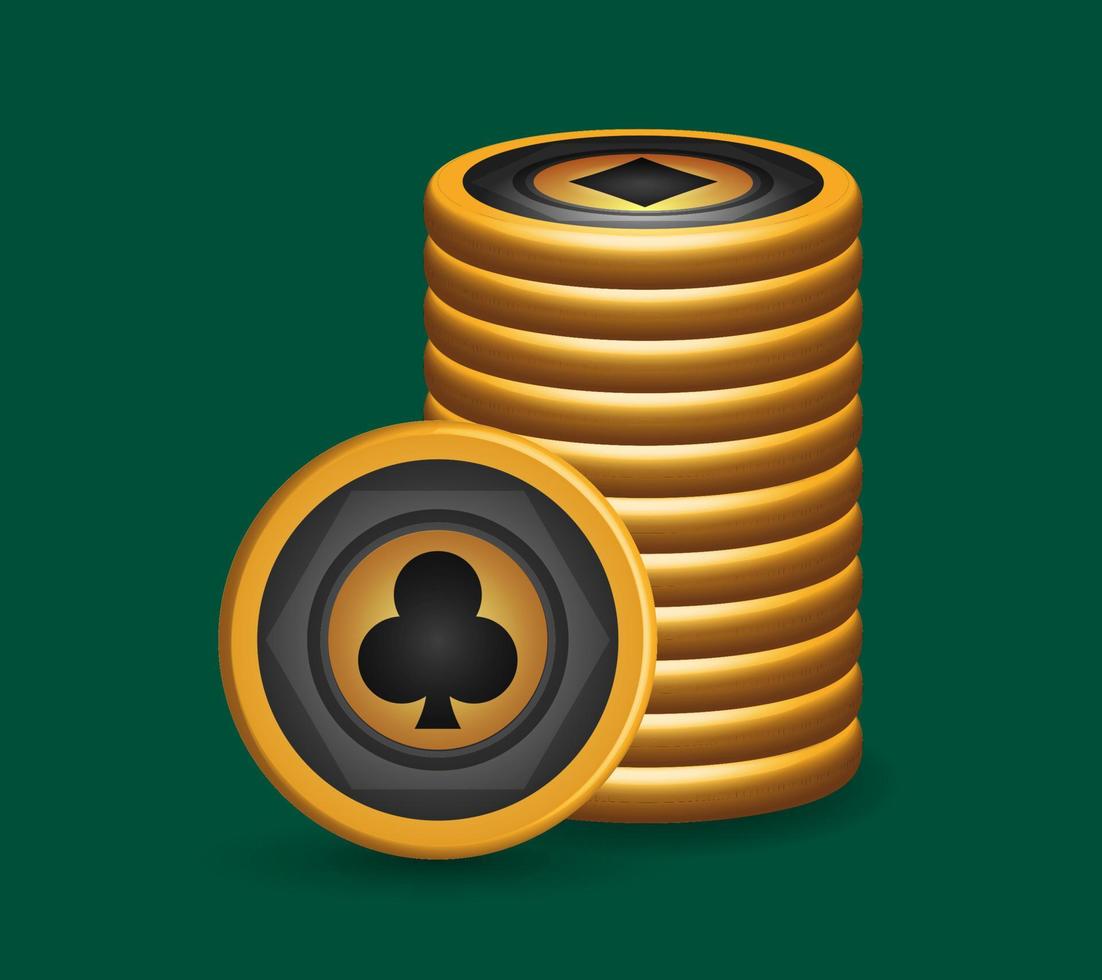 pilha de fichas de pôquer de ouro, com símbolos do clube, elementos de design de jogos, ilustração vetorial 3d vetor