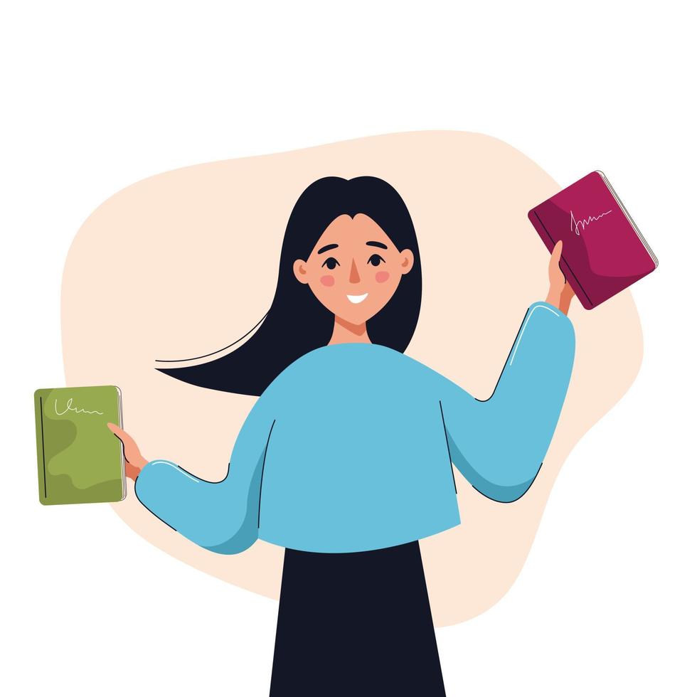 mulher sorridente feliz segurando livros. conceito de livros, educação, leitura, desenvolvimento. ilustração vetorial isolado. vetor