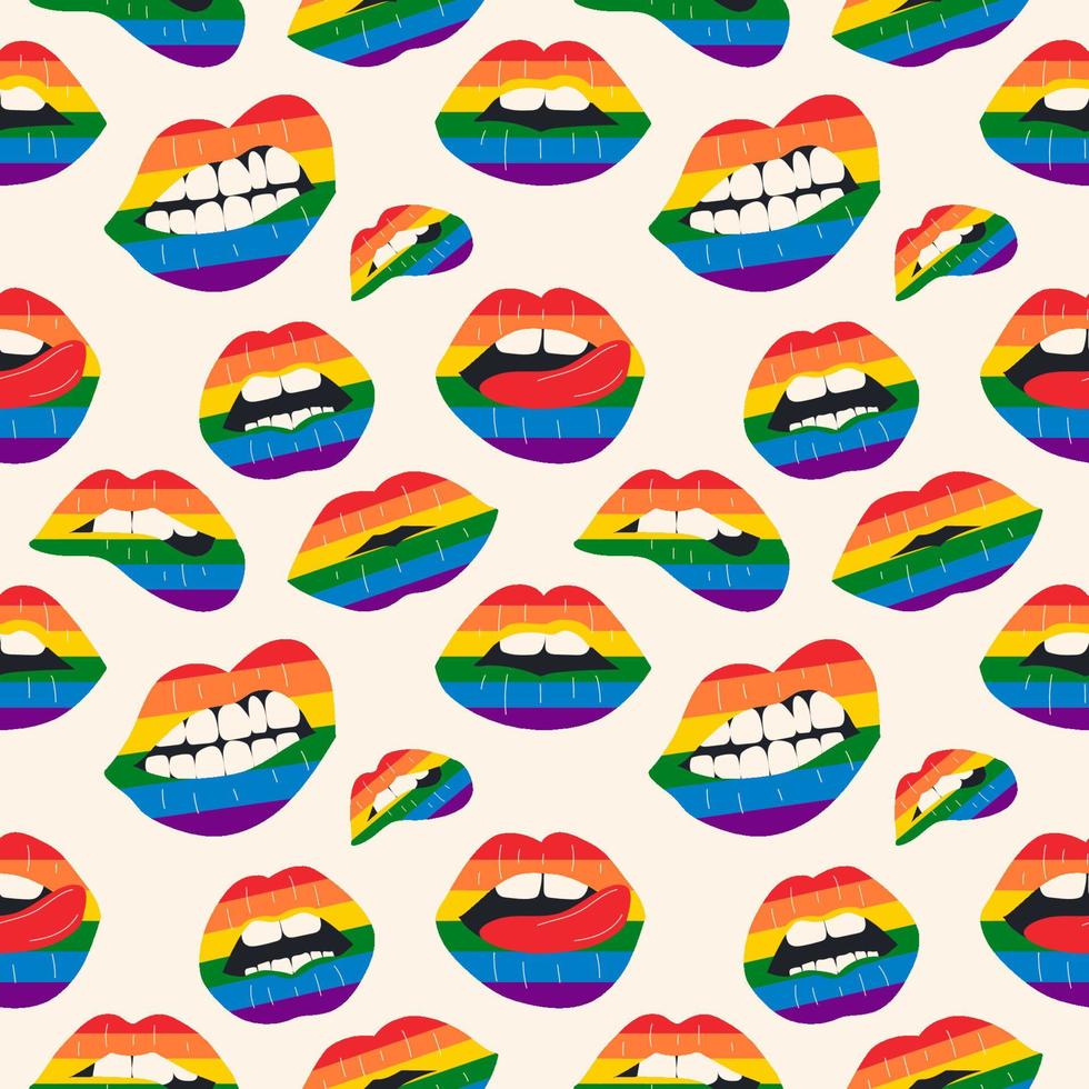 padrão sem emenda com sinal de orgulho lgbt de lábios em formato vetorial. lábios do arco-íris. ilustração de beijo. vetor