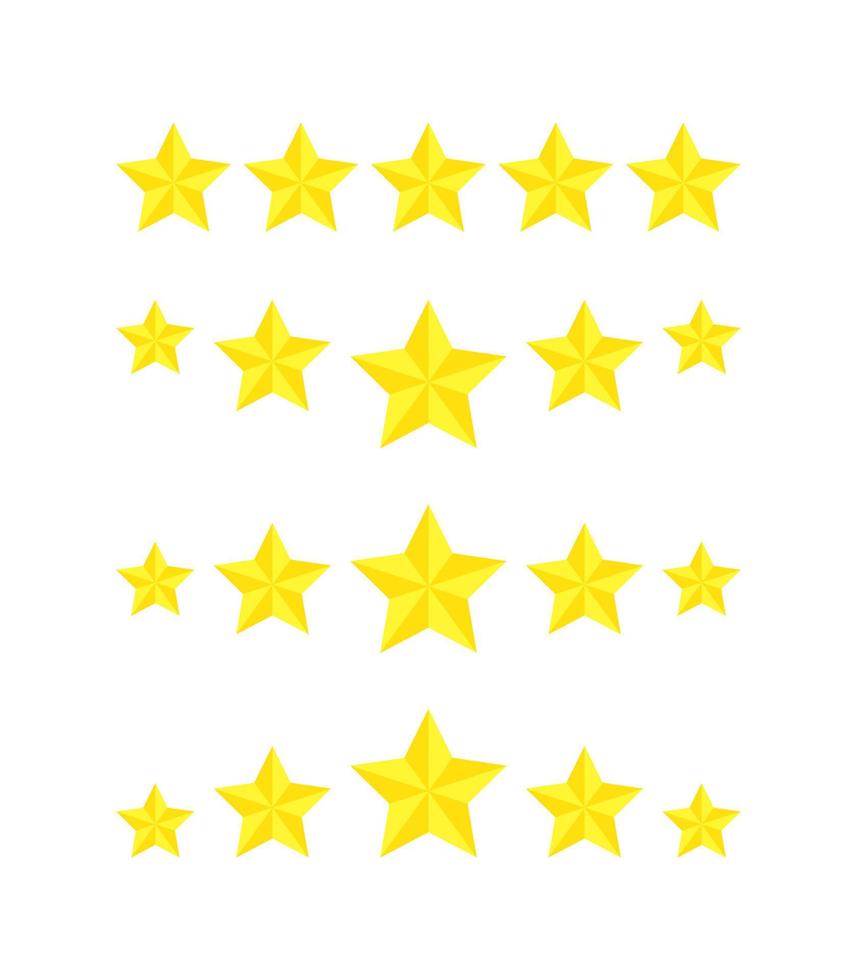 conjunto de classificações de produtos de cinco estrelas, comentários de ícones planos para aplicativos e sites. adesivo amarelo de 5 estrelas isolado em um fundo branco. índice de satisfação do cliente para comida, serviço, hotel ou restaurante. vetor