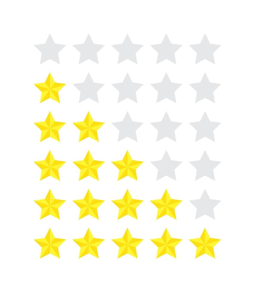 conjunto de classificações de produtos de uma a cinco estrelas, comentários de ícones planos para aplicativos e sites. adesivo amarelo de 5 estrelas com silhueta de classificação em branco, isolado no fundo branco. nível de índice de satisfação do cliente. vetor
