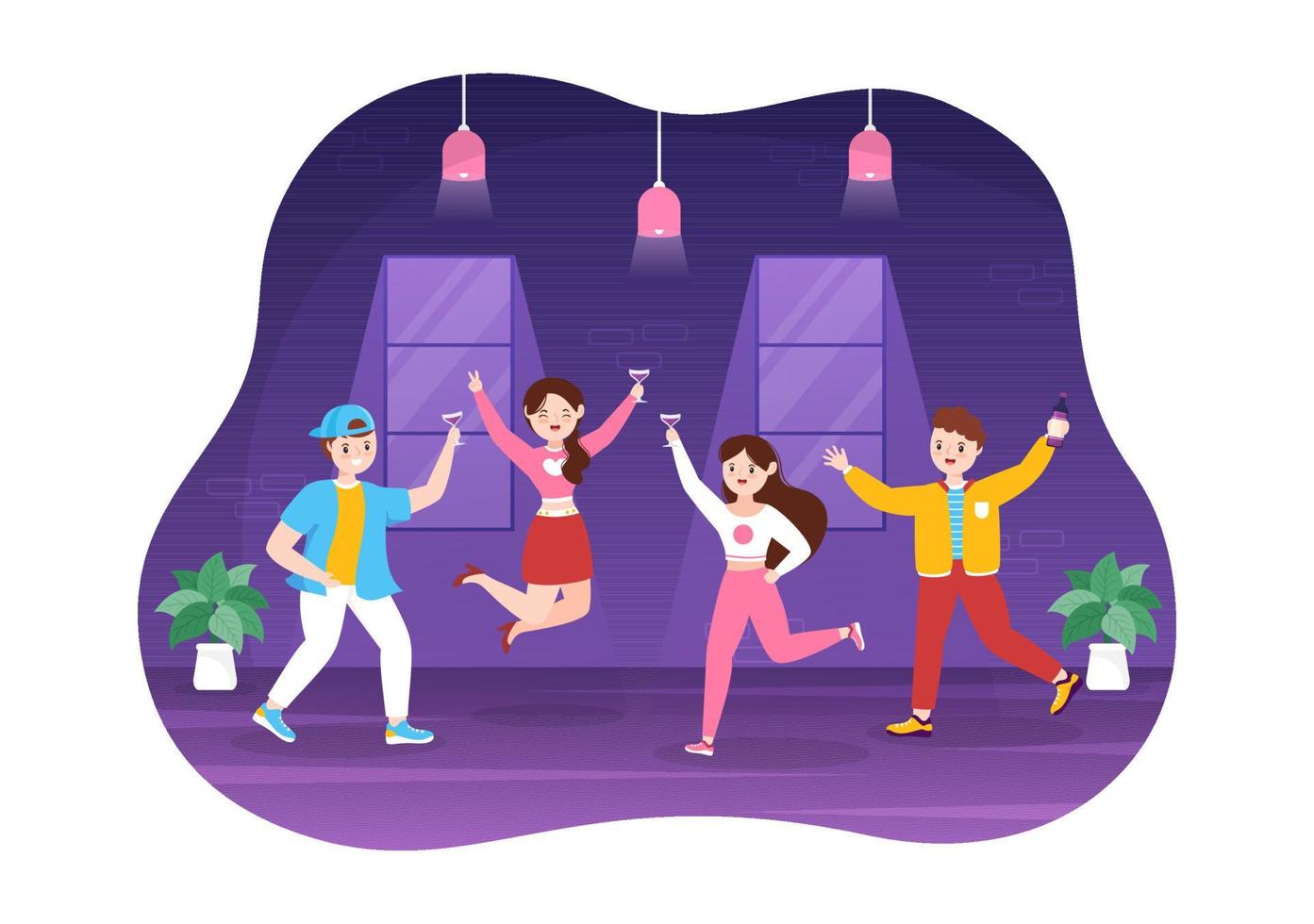 modelo de festa de vinho ilustração plana desenhada à mão com pessoas dançando, segurando uma garrafa de champanhe e bebendo no conceito de evento festivo vetor