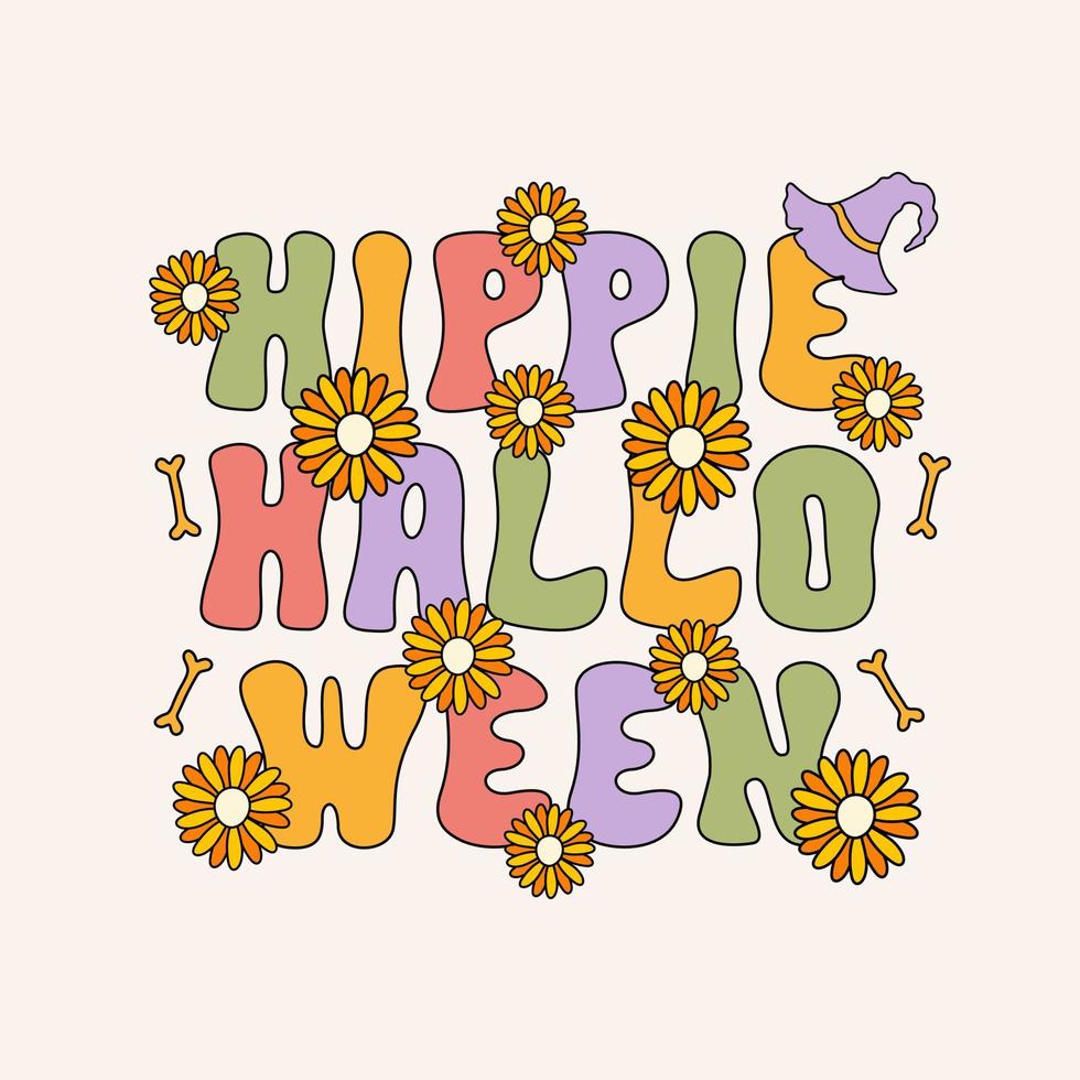 letras desenhadas à mão de halloween hippie no estilo retrô dos anos 70. ilustração vetorial. Cores pastel vetor