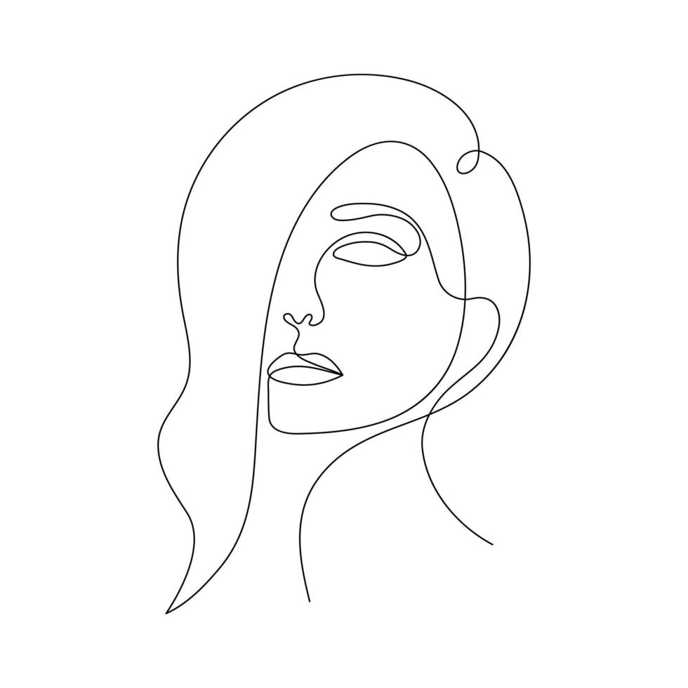 única linha desenhada à mão jovem retrato beleza feminina, rosto de menina beautyfull minimalista. design gráfico vetorial dinâmico contínuo de uma linha. ilustração em preto e branco vetor