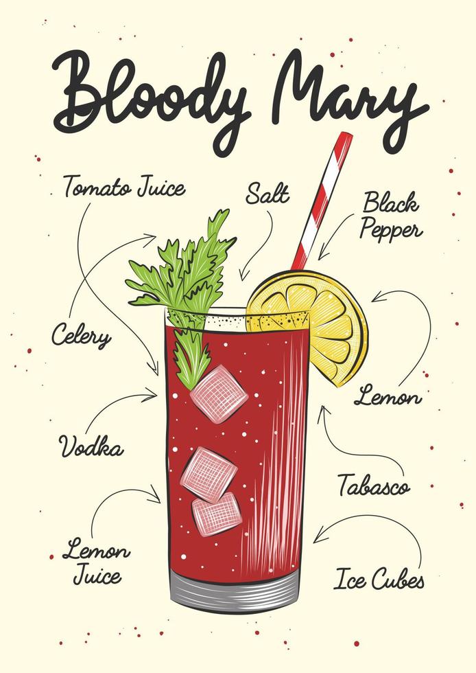 ilustração de coquetel bloody maryalcoholic estilo gravado em vetor para cartazes, decoração, menu e impressão. esboço desenhado à mão com letras e receita, ingredientes de bebidas. desenho detalhado.