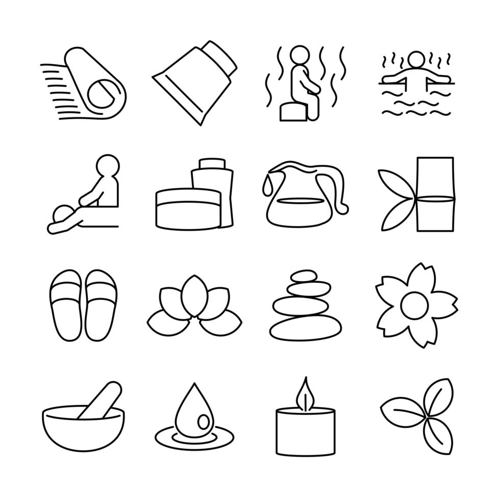 conjunto de ícones de linha relacionados a atividade de spa e massagem vetor