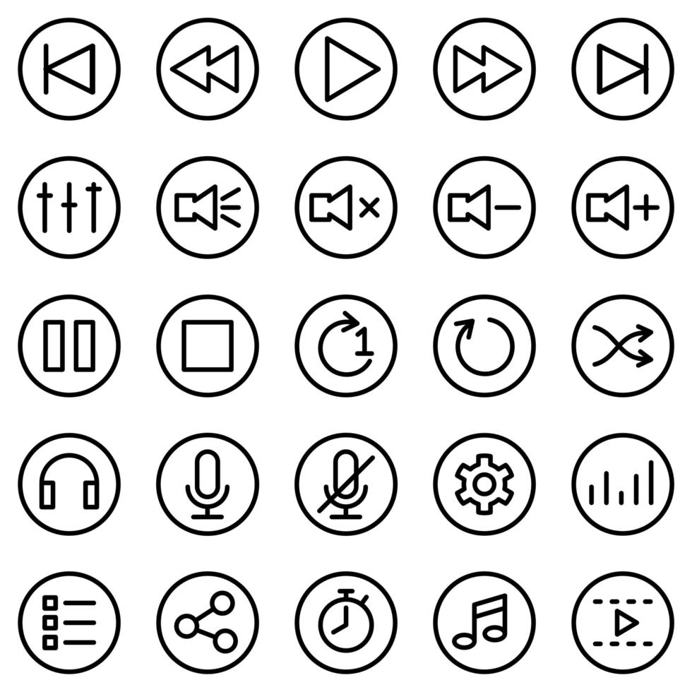 ícone de linha definido para aplicativo ou software media player vetor