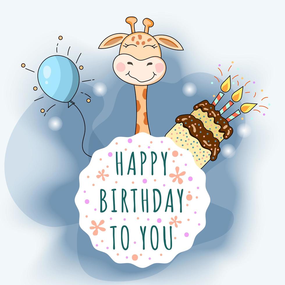 cartão de feliz aniversário com girafa bonitinha, bolo de chocolate e balão vetor
