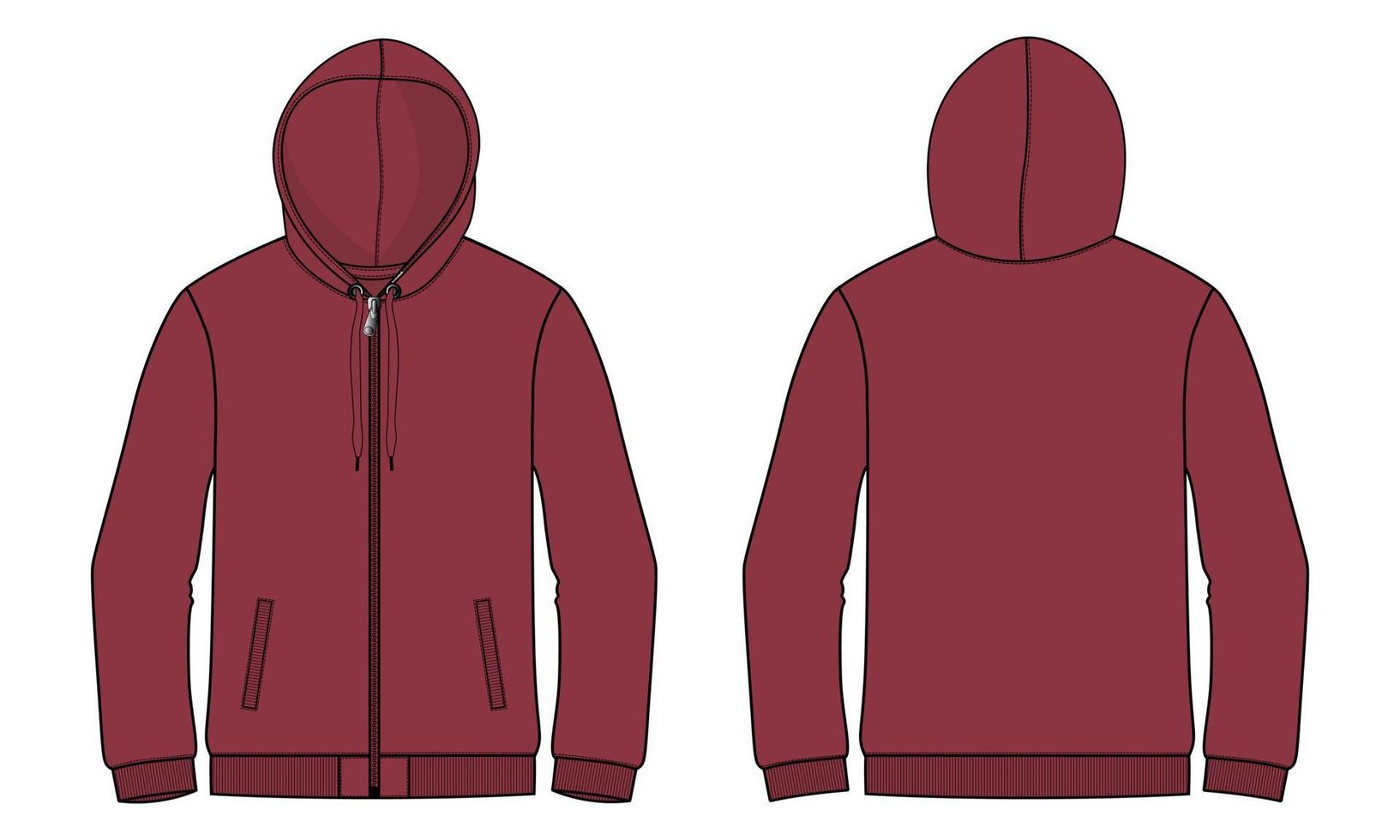 hoodie de manga comprida técnica de moda plana esboço ilustração vetorial modelo vistas dianteiras e traseiras. vetor