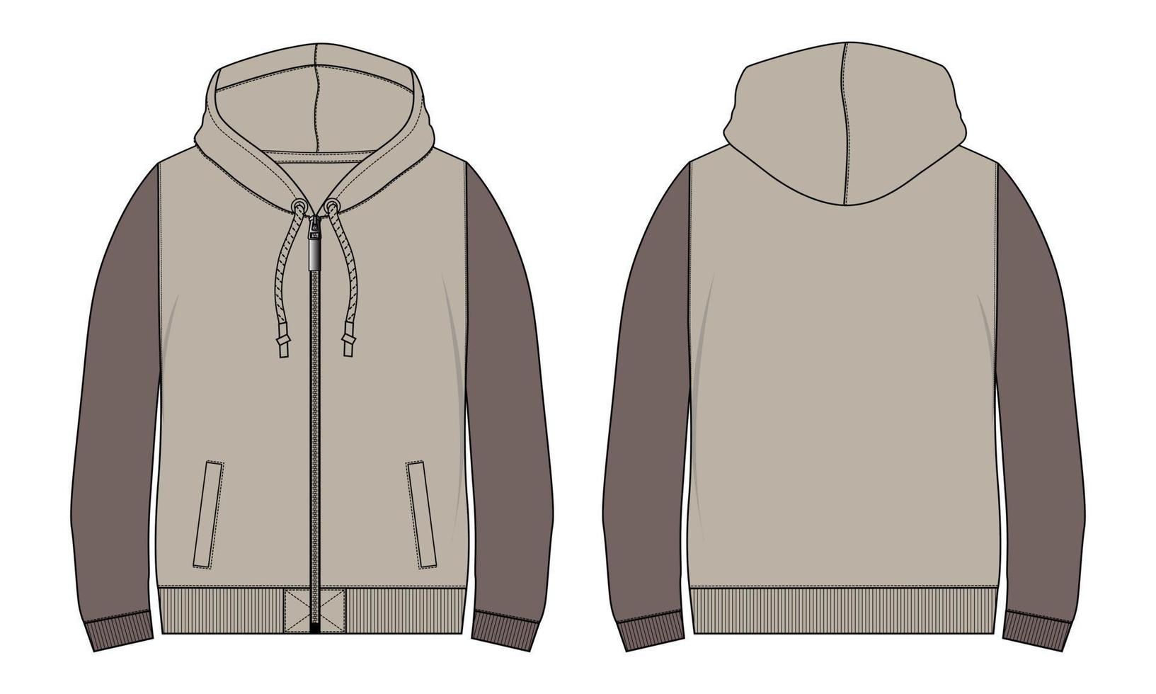 hoodie de manga comprida técnica de moda plana esboço ilustração vetorial modelo vistas dianteiras e traseiras. vetor