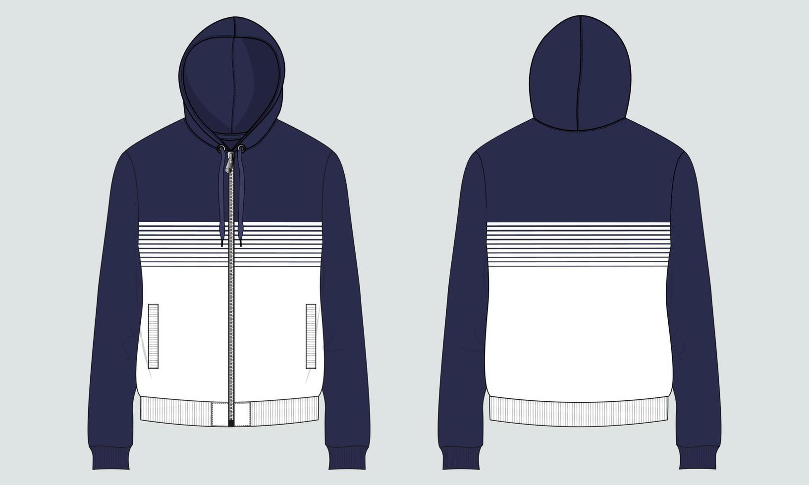 hoodie de manga comprida técnica de moda plana esboço ilustração vetorial modelo vistas dianteiras e traseiras. vetor