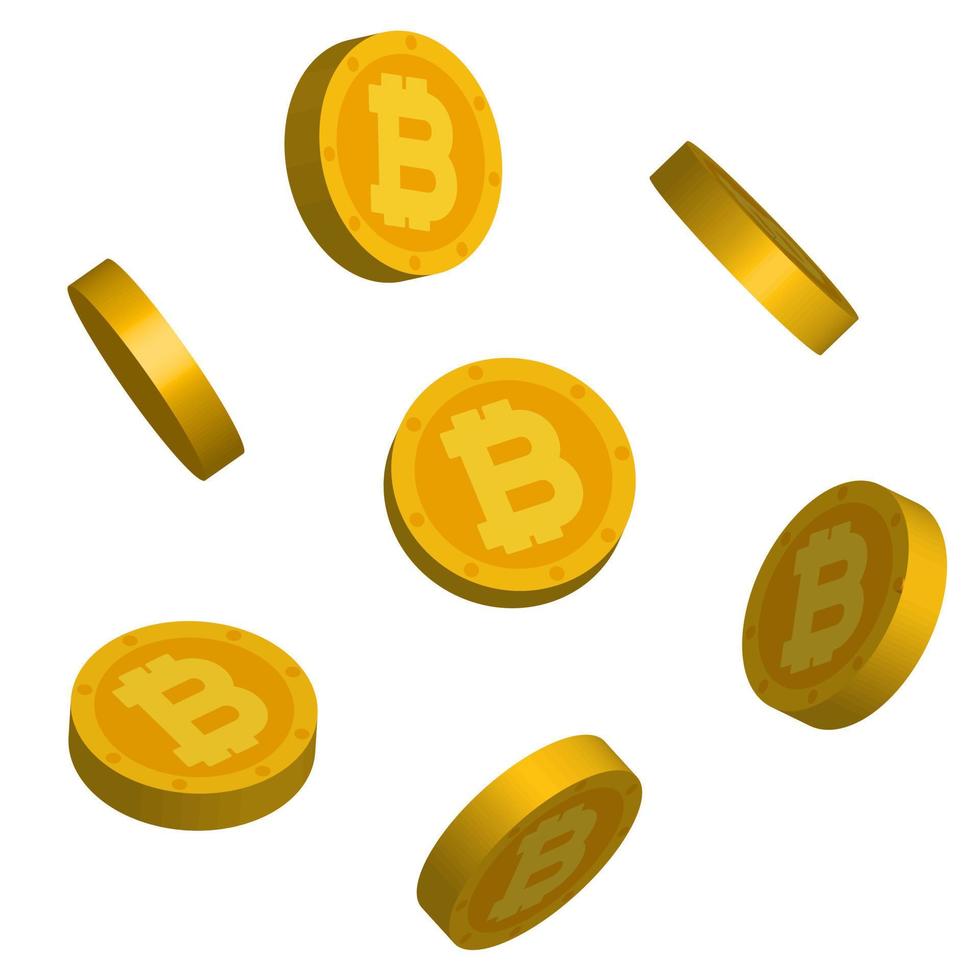 ilustração vetorial de moedas de bitcoin 3D. grandes elementos de design gráfico de moeda criptográfica de ouro isométrico. dinheiro virtual, moedas de ouro isométricas, detalhes desfocados. vetor