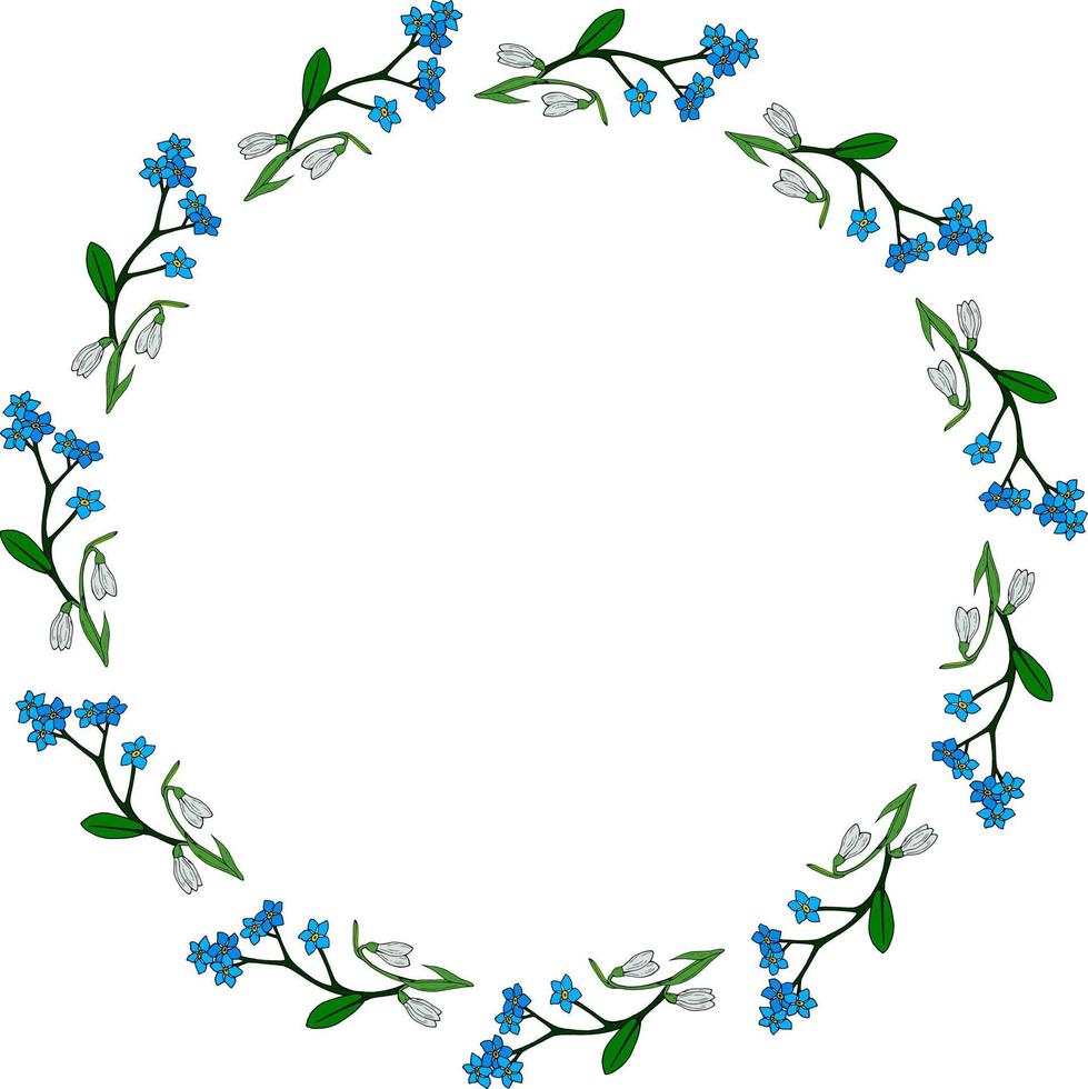 moldura redonda com flores Miosótis e gotas de neve em fundo branco. estilo doodle. imagem vetorial. vetor
