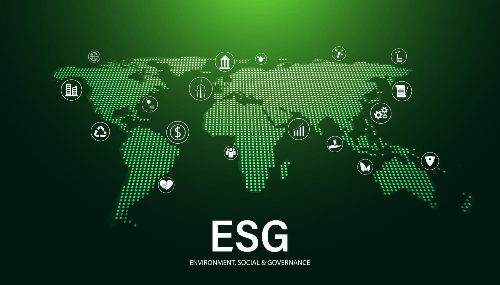 esg abstrato com conceito de ícone, mapa do mundo, ambiente de desenvolvimento corporativo digital, sustentável, social e governança em um fundo verde moderno. vetor