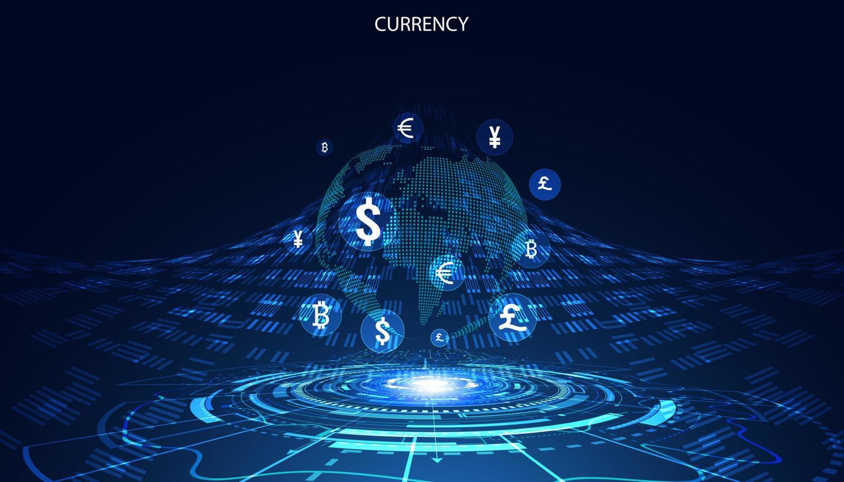 mundo abstrato holograma círculo digital transferência de dinheiro defi blockchain financeiro descentralizado, criptomoeda e bitcoin, online, transação de internet futurista. vetor