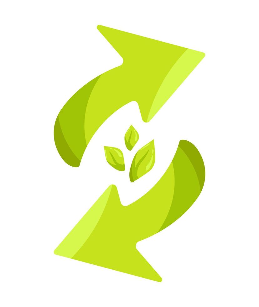 ícone de seta verde ambiental isolado no fundo branco. impressão de rótulo de produto bio orgânico dos desenhos animados. vetor