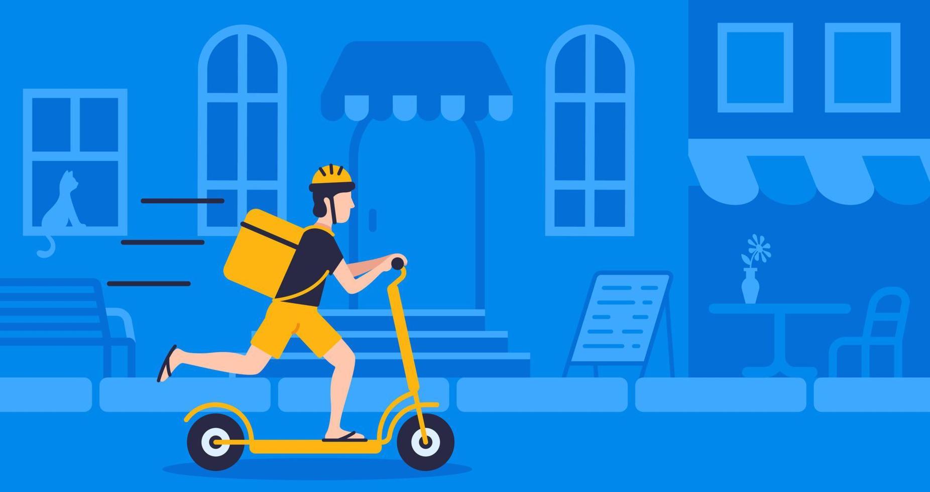 correio com pacote usando scooter elétrico no fundo azul da rua para entrega on-line do conceito de entrega vetor