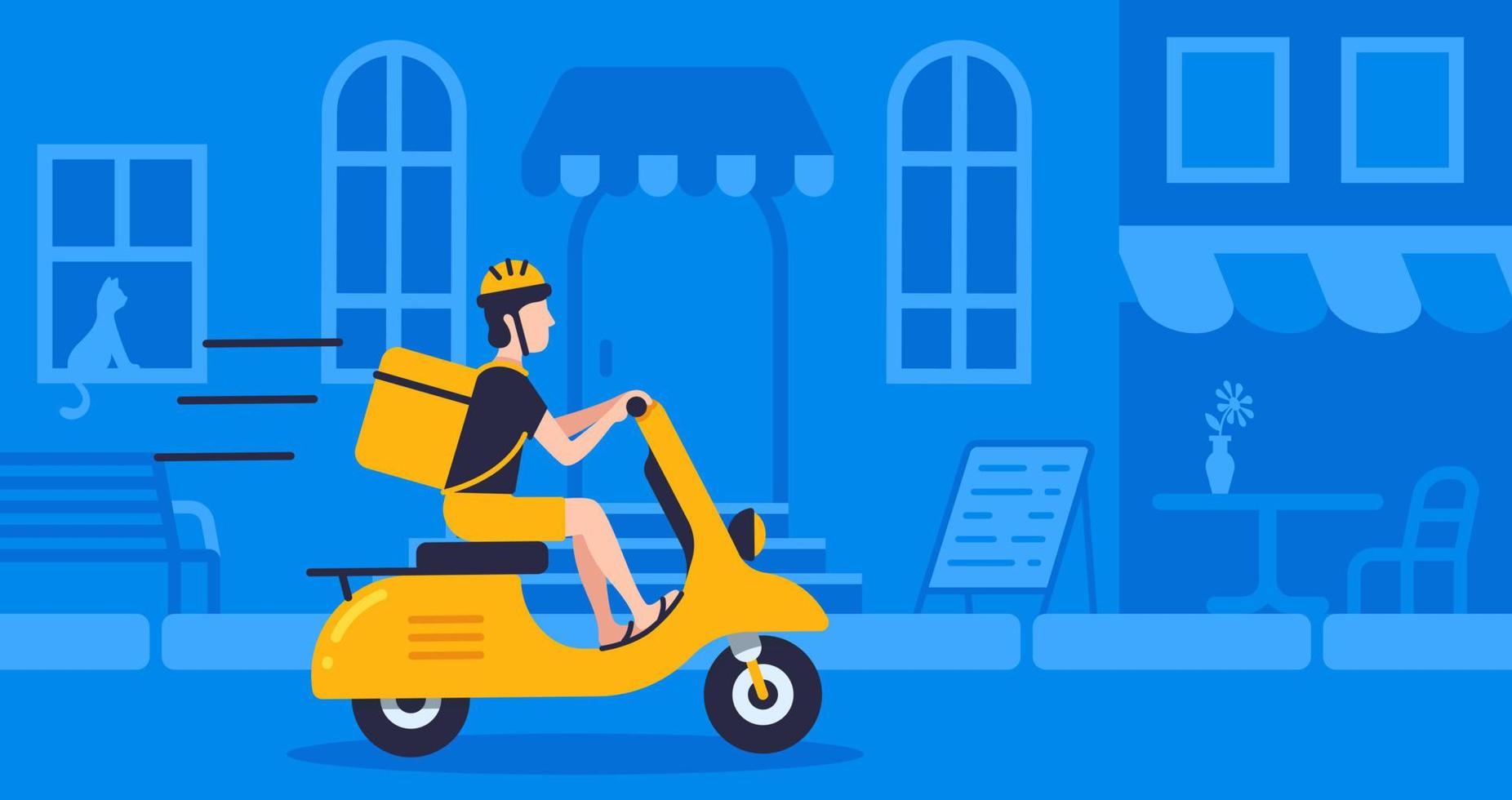 correio com saco de comida usando moto retrô na rua fundo azul para entrega, entrega on-line de conceito vetor
