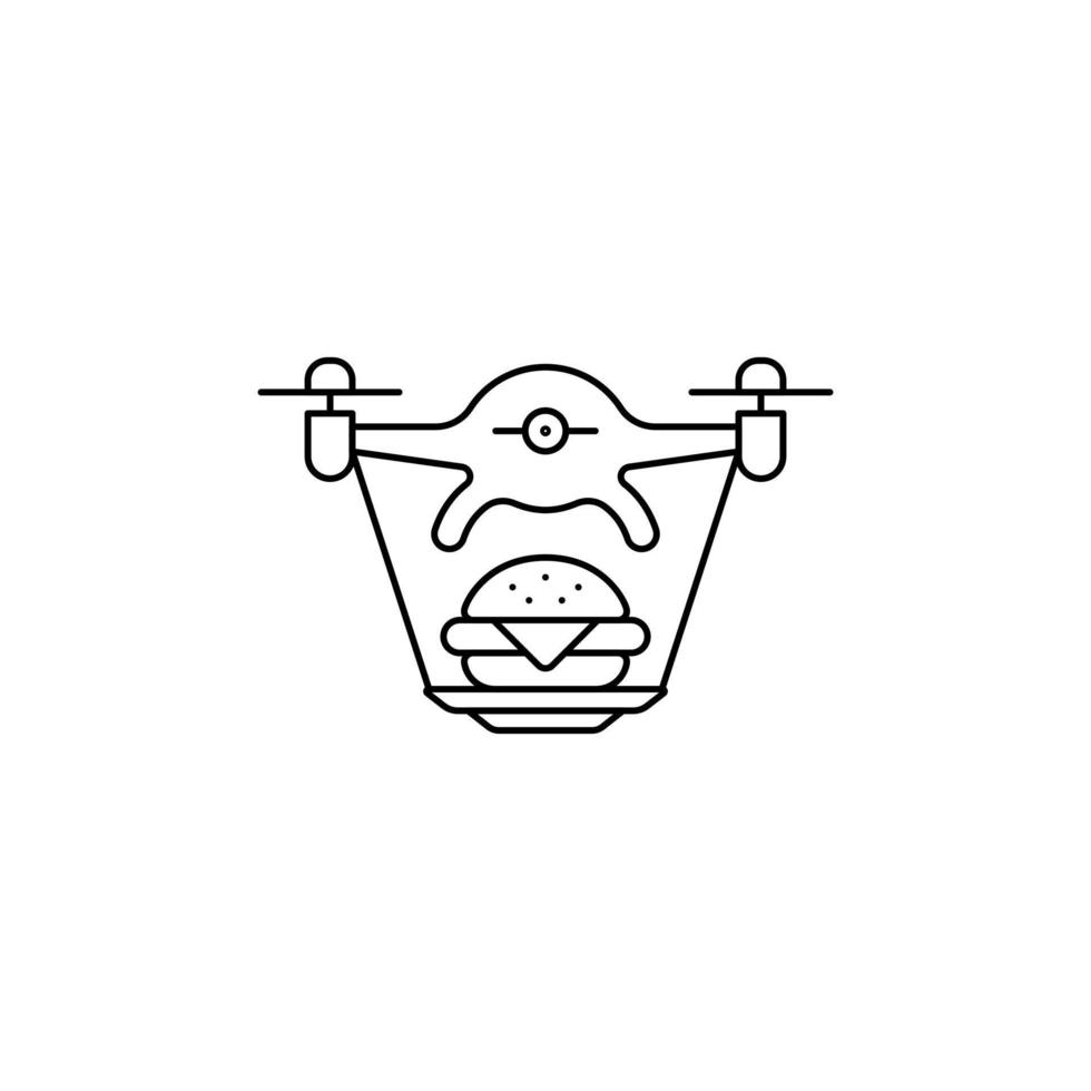 drone aéreo com hambúrguer no ícone de contorno de entrega rápida da bandeja. ícone de entrega online em estilo de linha vetor