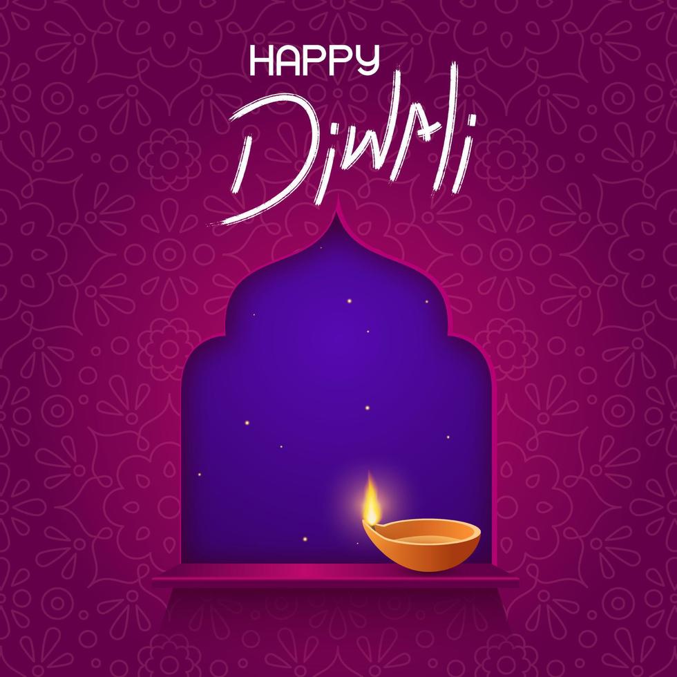 cartão de design para diwali do festival de férias indiano. lâmpada de óleo diya na janela e feliz diwali na parede com céu noturno no fundo vetor