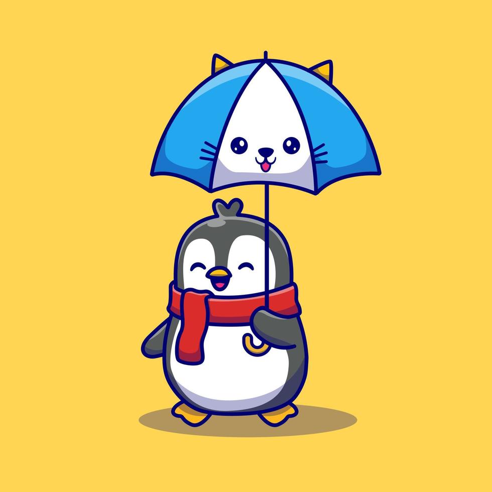 pinguim bonitinho com ilustração de ícone de vetor dos desenhos animados de guarda-chuva bonito. natureza animal ícone conceito isolado vetor premium. estilo de desenho animado plano