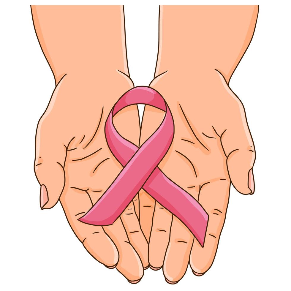 conceito de mês de conscientização do câncer de mama. mãos femininas em concha, segurando a fita rosa. apoio ou conceito de sobrevivente orgulhoso. vetor