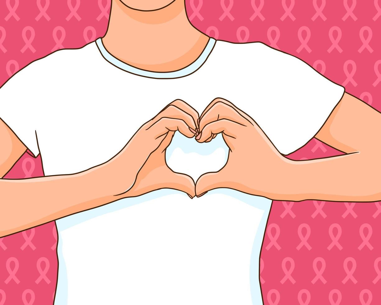 Mês de conscientização do câncer de mama. mulher vestindo camiseta rosa, fazendo sinal de coração com as mãos. apoio ou conceito de sobrevivente orgulhoso vetor