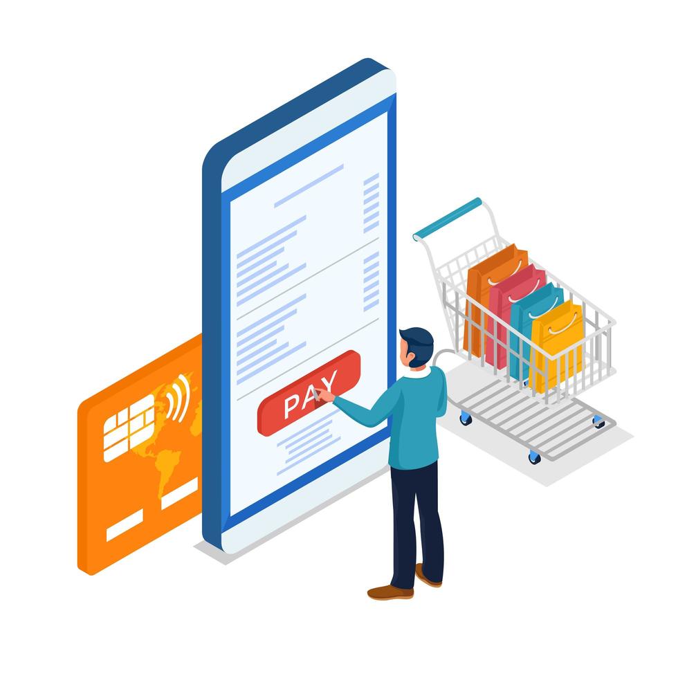compras on-line masculino fazendo o pagamento via celular vetor
