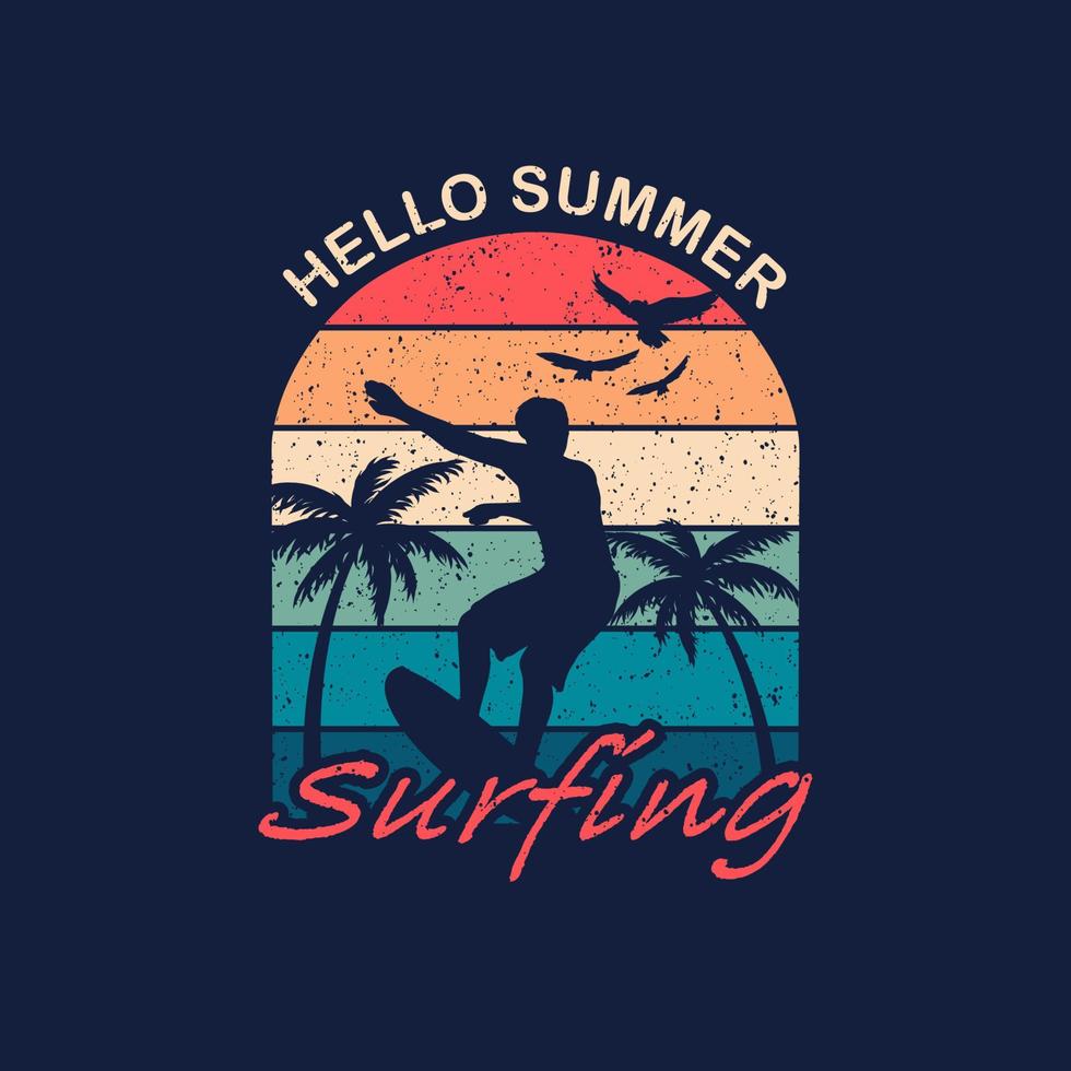 design de impressão de surfista de silhueta para impressão de camiseta, pôster, adesivo, plano de fundo e outros usos. paraíso de verão, palmeira e arte de impressão retrô de surfista vetor