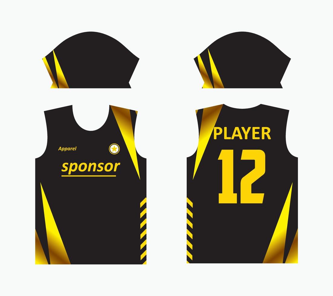 design de impressão de jersey padrão abstrato para jersey de sublimação. modelos de camisa para equipes esportivas de futebol, basquete, ciclismo, vôlei, etc. tema de cor preto e dourado vetor