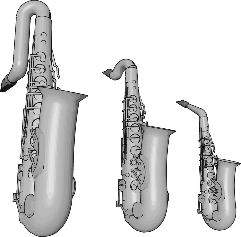 saxofone prata, ilustração, vetor em fundo branco.