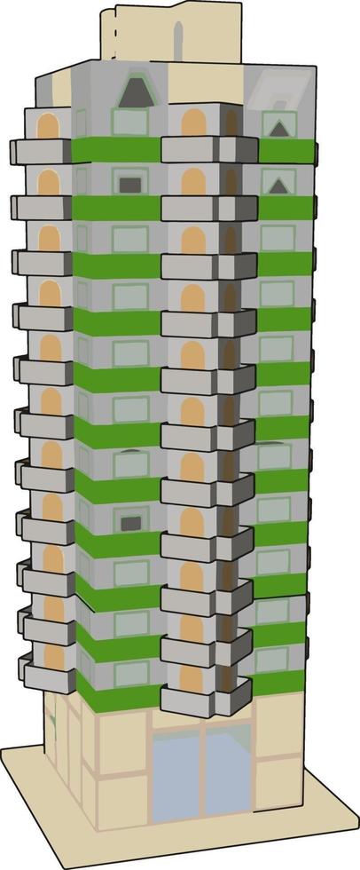 edifício verde alto, ilustração, vetor em fundo branco.