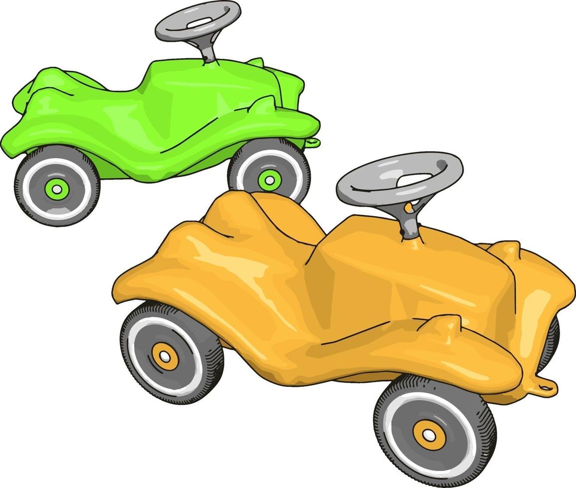 carro de crianças verde e amarelo, ilustração, vetor em fundo branco.