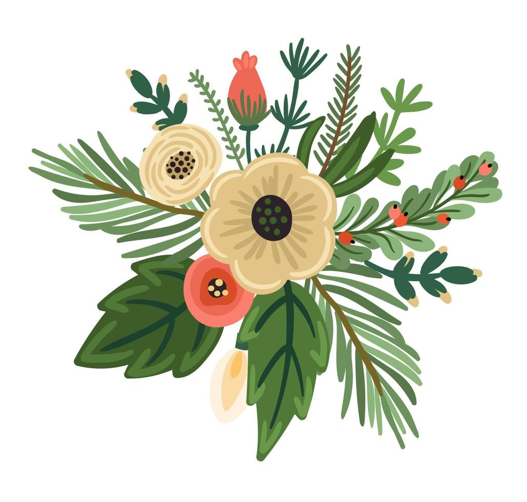 arranjo de flores de natal e feliz ano novo. árvore de natal, flores, bagas. ilustração isolada. projeto do elemento. vetor