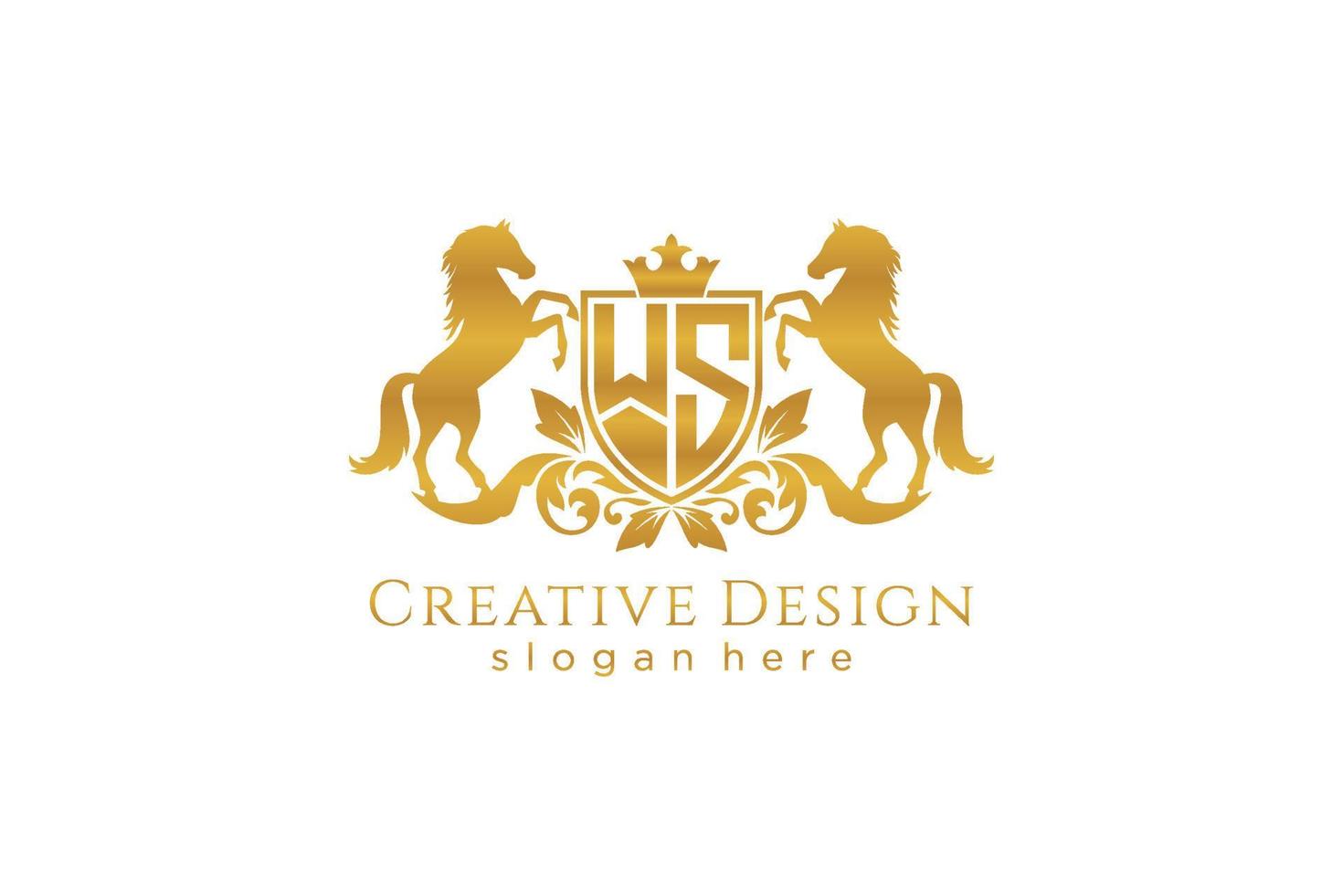 crista dourada retrô inicial ws com escudo e dois cavalos, modelo de crachá com pergaminhos e coroa real - perfeito para projetos de marca de luxo vetor