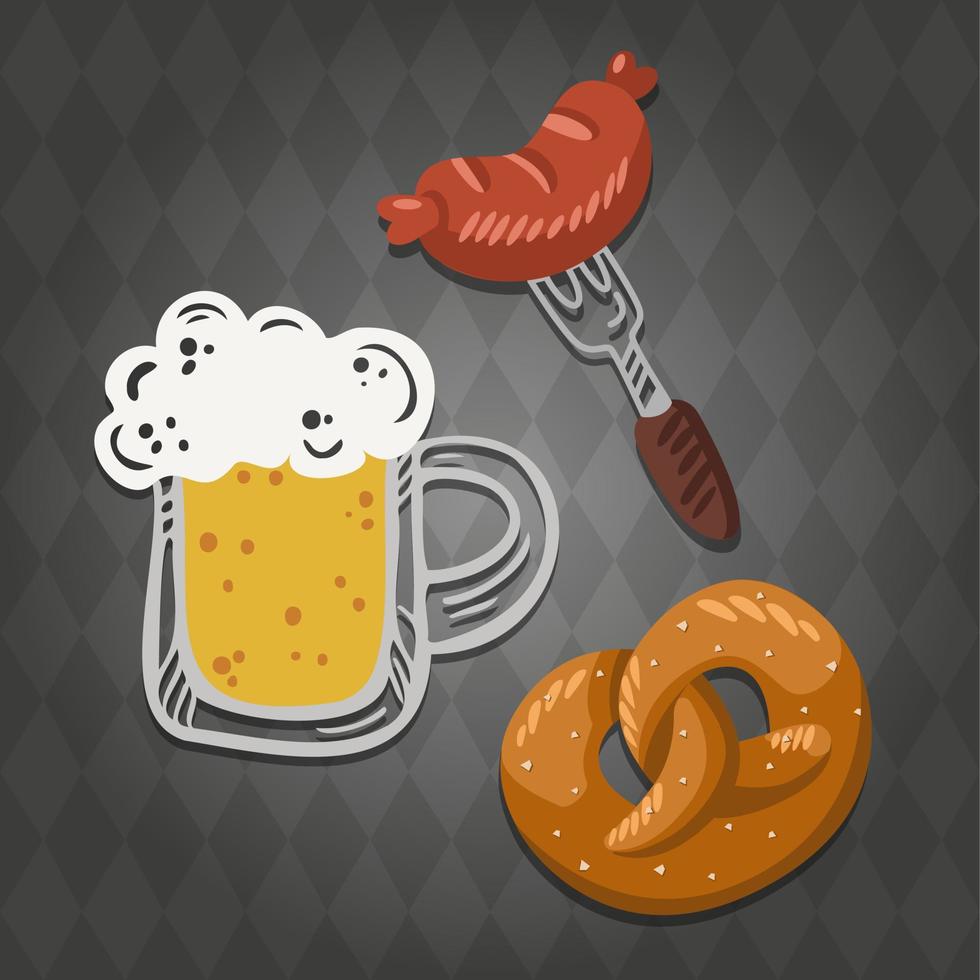 copo feliz bonito e engraçado de cerveja, pretzel e salsicha. oktoberfest vetor