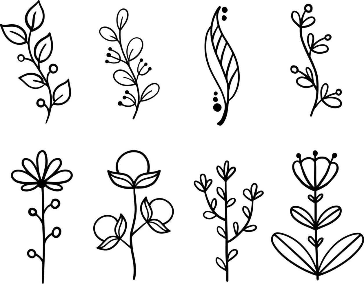conjunto floral de vetor. coleção floral com folhas e flores, desenho doodle. design de primavera ou verão para convite, casamento ou cartões de felicitações vetor