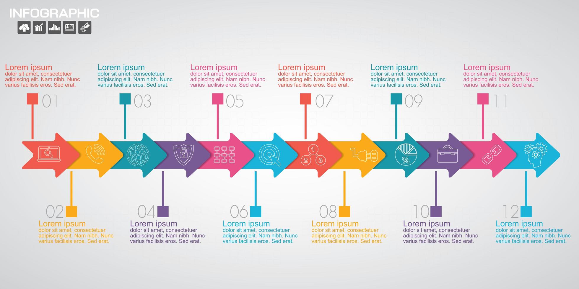 Infográfico da linha do tempo com 12 opções de setas coloridas vetor