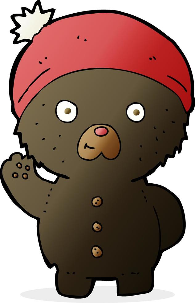 desenho animado acenando com ursinho de pelúcia preto com chapéu de inverno vetor