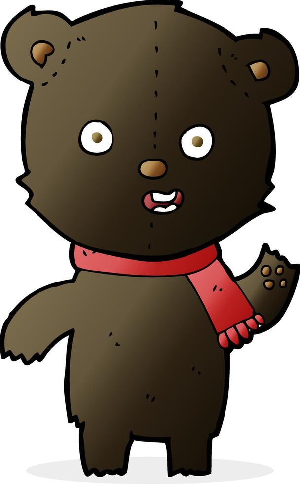 desenho animado acenando o filhote de urso preto com cachecol vetor