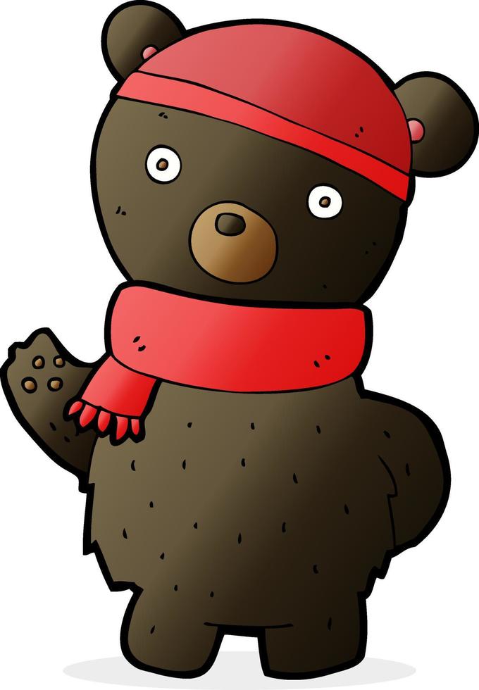 urso preto dos desenhos animados no chapéu de inverno e cachecol vetor