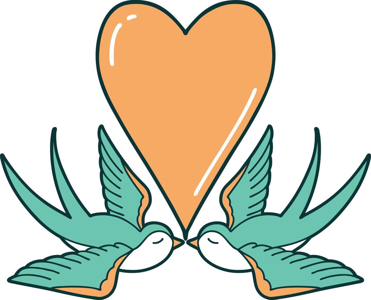 imagem de estilo de tatuagem icônica de andorinhas e um coração vetor
