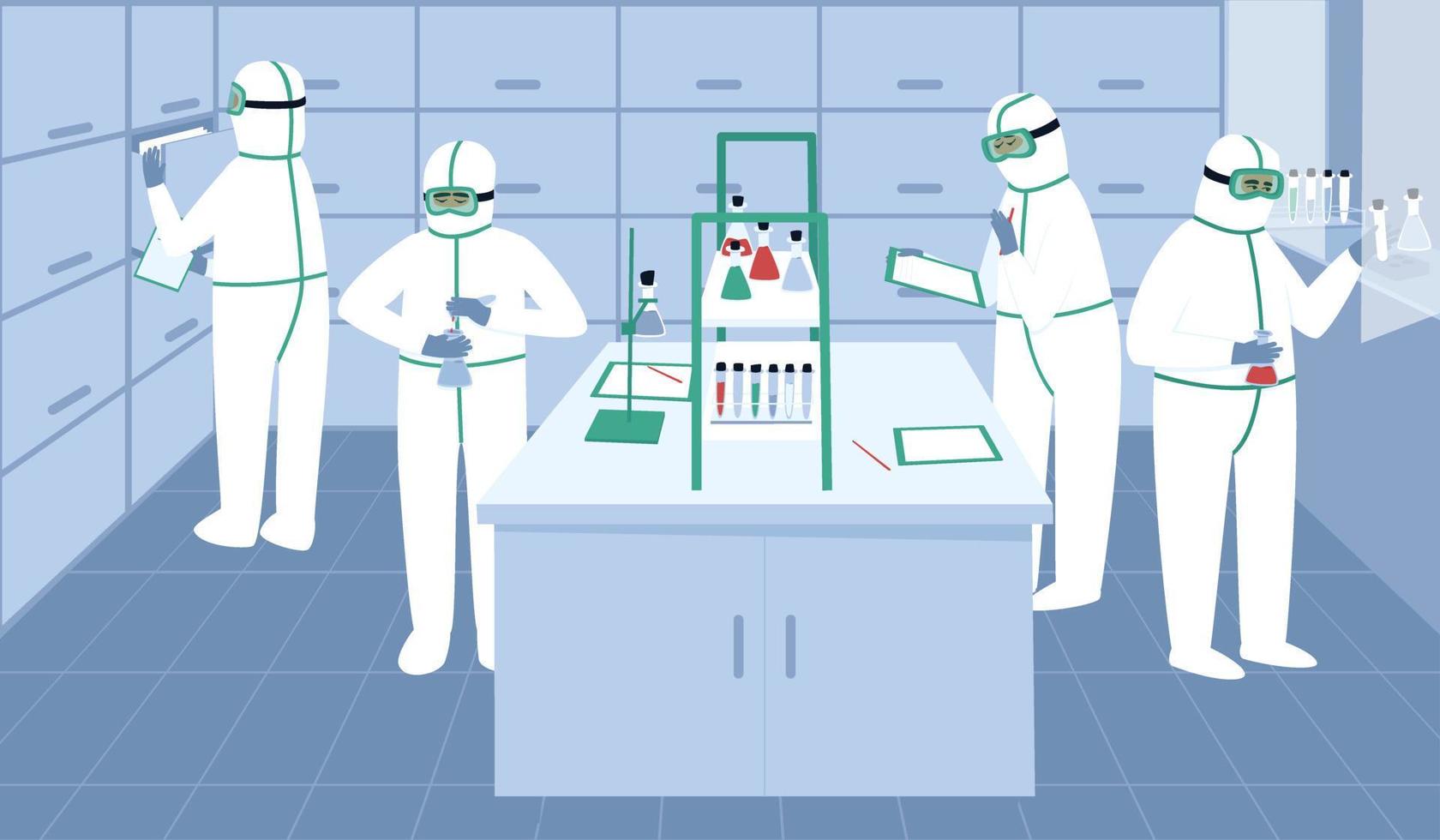 assistentes de laboratório ficam com tubos de ensaio em traje de proteção, luvas e máscara perto da área de trabalho vetor