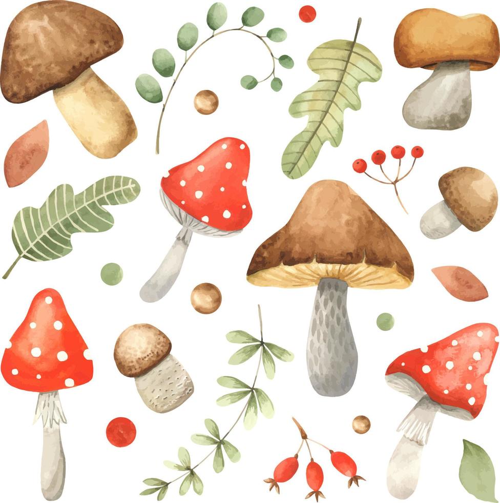 conjunto de cogumelos vintage em aquarela isolados no branco. outono colheita de cogumelos florestais. coleção botânica de outono natural. comida vegetariana vetor