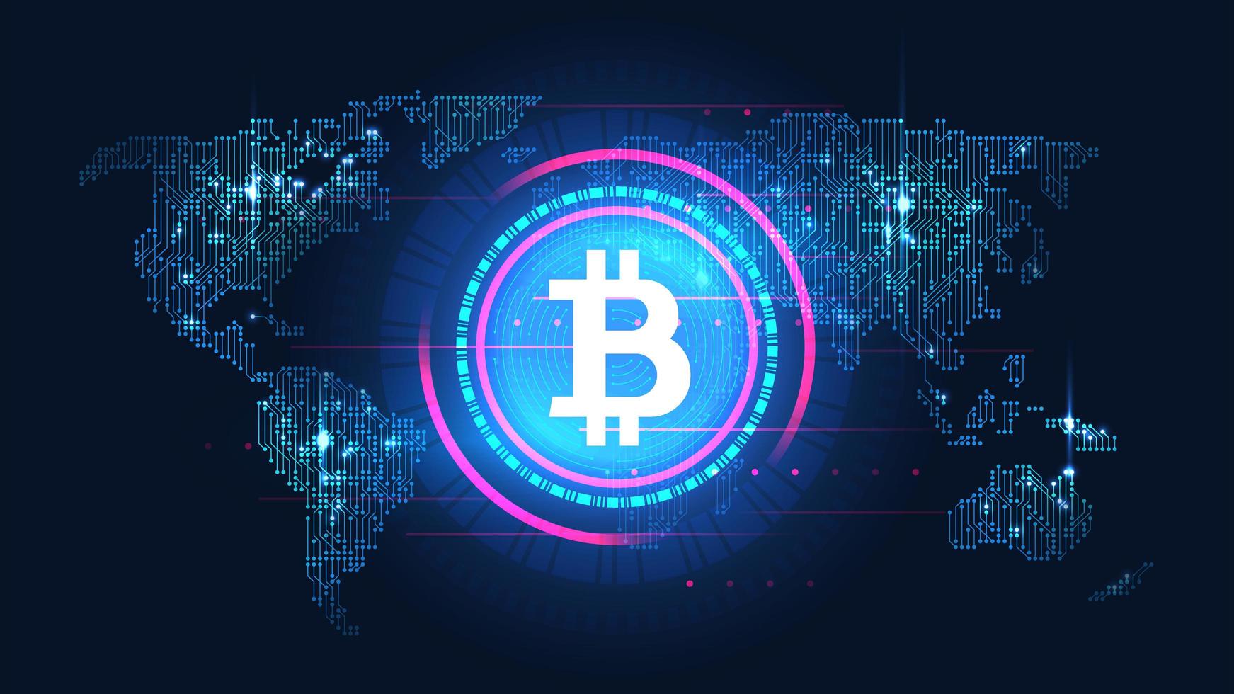 tecnologia blockchain bitcoin brilhante com conceito global vetor