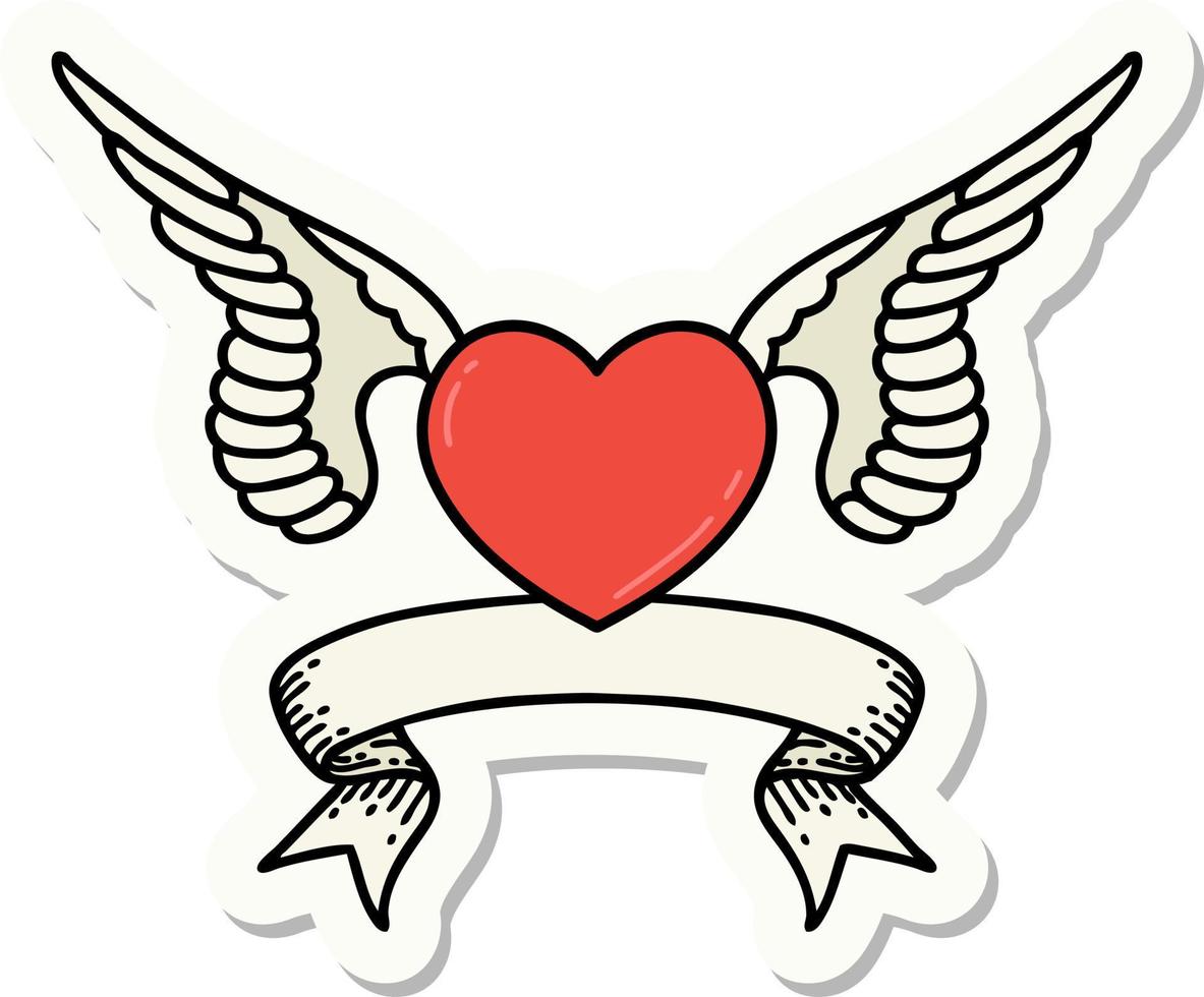 adesivo estilo tatuagem com banner de um coração com asas vetor