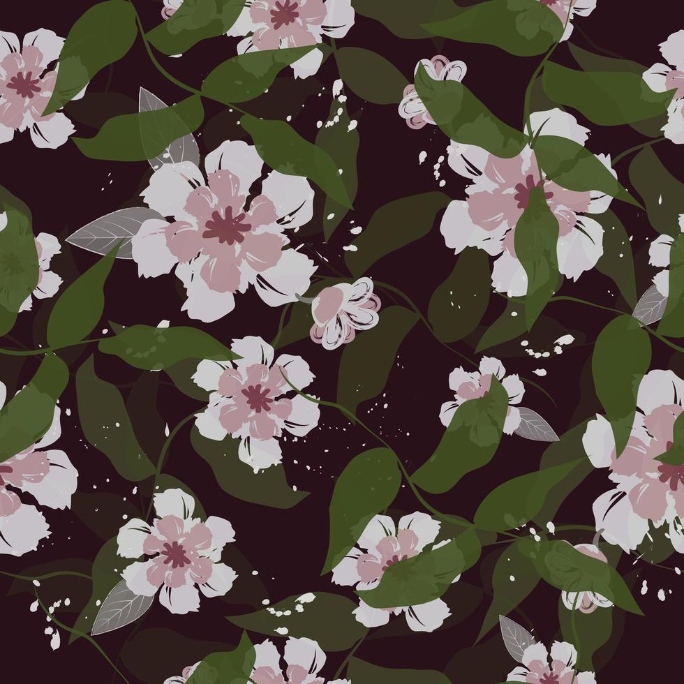 luz rosa flores e folhas em preto vetor