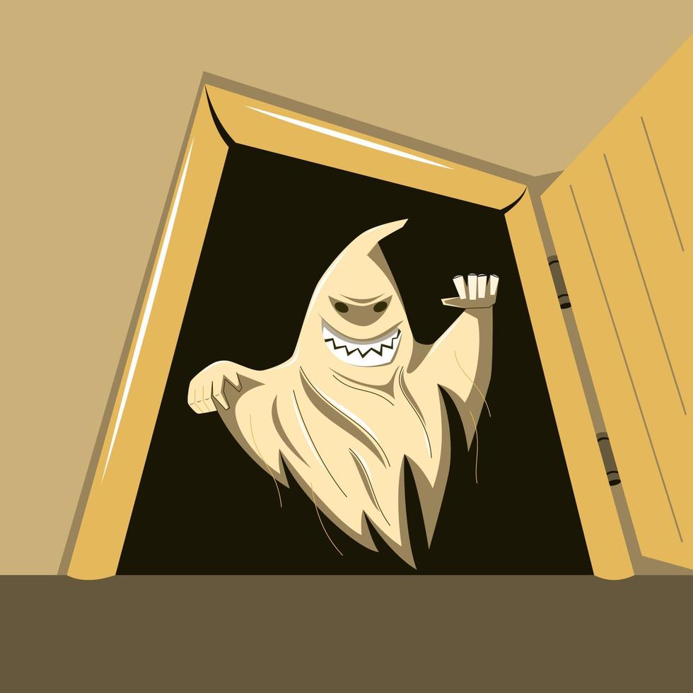 fantasma assustador na porta. dia das Bruxas. vetor