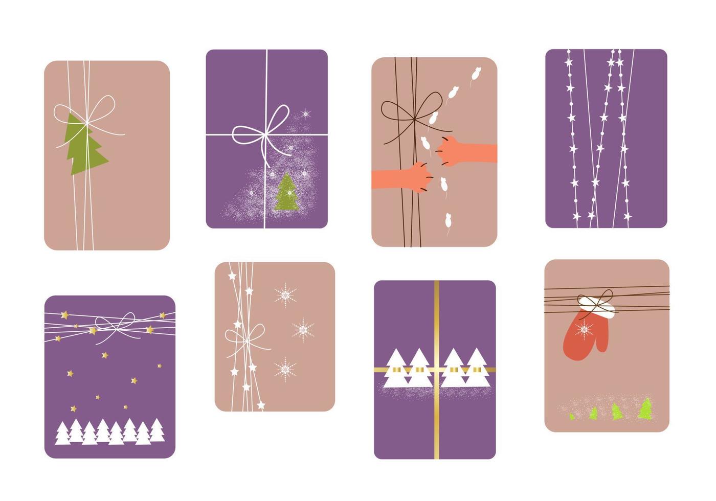 conjunto de presentes de feriado e caixas de embalagem com decorações, arco, árvore de natal, neve, luva, patas de gato, estrela, fita vetor